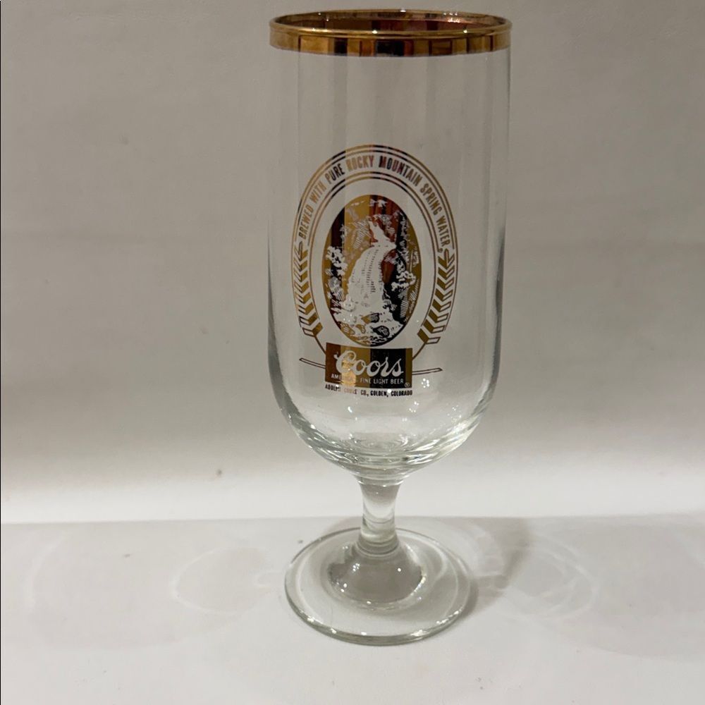 Coors Beer Bar Glass Pure Rocky Mountain Spring 12 Oz Clear Gold Rim 7 In Tall